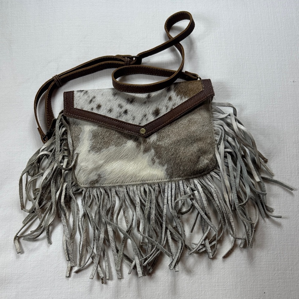 Myra Bag Cowhide Leather Fringe Crossbody Bag‎ Brown White Western Boho Small